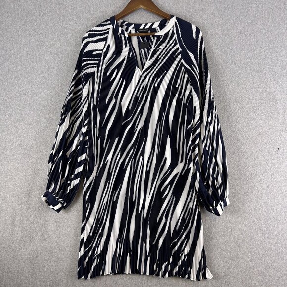 Banana Republic Dress Women's Medium Navy Zebra Print Shift V-Neck Pleated NWT - Picture 1 of 10